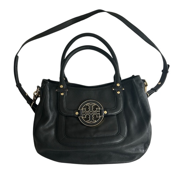 Tory Burch Amanda Black Pebbled Leather Convertible Hobo Satchel Gold Logo - Picture 2 of 16